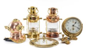 SESTREL BRASS BULKHEAD CLOCK with 6in dial, together with reproduction copper lamps, modern model of