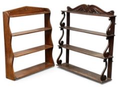 TWO NARROW WALL HANGING WOODEN SHELVING RACKS, 92 (h) x 92 (w) x 19cms (d) the largest (2)