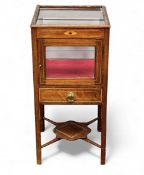 VICTORIAN MAHOGANY BIJOUTERIE DISPLAY TABLE, with glass top, side opening door, and base drawer with
