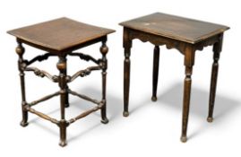 WILLIAM & MARY STYLE STAINED OAK TABLE, square top, 70 (h) x 50 (w) x 50cms (d); and another table