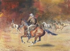 ‡ LYN FERRARI (Australian, contemporary) mixed media - cowboy rounding up wild horses, entitled