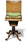 FINE VICTORIAN WALNUT SEWING TABLE c.1850, on quad supports, with fitted interior and contents,