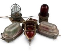 VARIOUS SHIP'S LAMPS, hanging brass port bulkhead lamp with red shade, brass fixed port lamp with