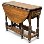 OAK GATELEG TABLE, 18th century with end drawer on turned and block supports, 71 (h) x 36/102 (w) x