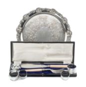 FOUR SILVER NAPKIN RINGS and a small silver salt, 4.8ozt, cased fish servers with celluloid handles,