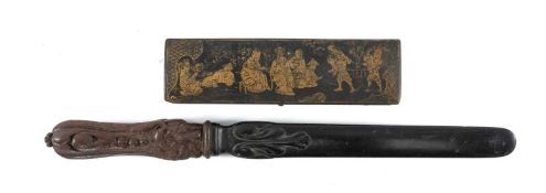 TWO CURIOS comprising19th century Chinese lacquered and gilt papier-mâché pen box, hinged cover,