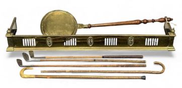 BRASS FIRE FENDER, 20 (h) x 135 (w) x 33cms (d); together with a bed pan, three vintage golf