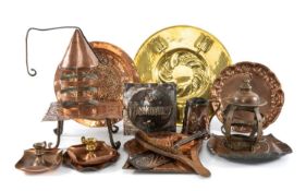 ASSORTMENT OF ARTS & CRAFTS PERIOD COPPER WARE, including two hall lanterns (no glass), framed