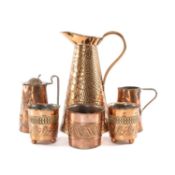JOSEPH SANKEY & SONS ART NOUVEAU LIDDED COPPER JUG, 19cms (h), pair of oak leaf design plant pots,
