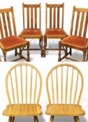 SIX DINING CHAIRS, four oak slat back with upholstered seats, and two modern light wood hoop and