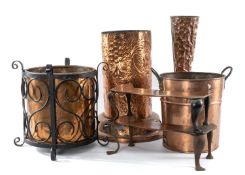 ASSORTED ITEMS, including three copper coal buckets, number of metal trivets, companion stand, and