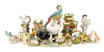 COLLECTION OF DECORATIVE PORCELAINS & POTTERY, including Staffordshire cottage pastille burners,