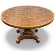 GOOD QUALITY LATE REGENCY CURL MAHOGANY & POLLARD OAK PEDESTAL BREAKFAST TABLE, finely figured top