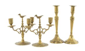 PAIR OF DUTCH BRASS TWIN-BRANCH CANDLESTICKS, with central bird finials, 20cms (h); and a pair of