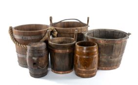 THREE WOODEN PALES, an ornamental spirit barrel, etc. Provenance: private collection Cheshire