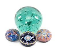 LARGE NAILSEA GREEN GLASS DUMP, 14cms (h); together with Perthshire glass paperweight, dated 1973;