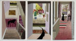 ‡ ARABELLA SHAND triptych of three oils on board - entitled verso 'Interior, Wales' on Gorstella