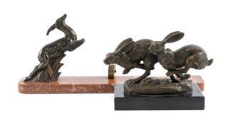 BRONZE SCULPTURE OF RUNNING HARES, signed 'Nick', on a polished slate base, 16 x 11.5cms; together