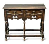 EARLY 20TH CENTURY OAK JACOBEAN STYLE HALL TABLE, with two drawers, on turned and block supports, 76