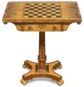 ATTRACTIVE MAPLE, EBONY & ROSEWOOD PEDESTAL GAMES TABLE, the gaming marquetry top centred with a