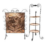 ARTS & CRAFTS PERIOD HAMMERED COPPER & WROUGHT IRON CAKE STAND, 85 (h) x 45cms (w) (at the feet);