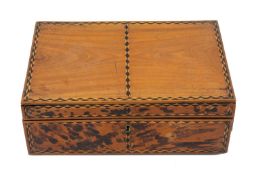 MAHOGANY, EBONY & BOXWOOD INLAID WORK BOX, with red tortoiseshell side panels, 12.5 (h) x 32.5 (w) x