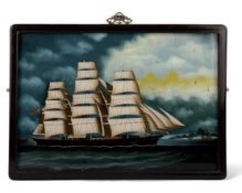 19TH CENTURY CHINESE reverse painting on glass of a British three-masted clipper ship, 44 x 64cms