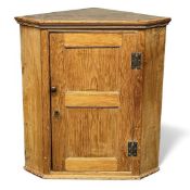 PINE / PITCH PINE WALL HANGING CORNER CUPBOARD with single door, 90 (h) x 82 (w) x 47cms (d)