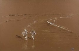 ‡ ANWEN ROBERTS (Anglesey artist) large chalk sketch - two children running along a beach, signed