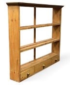 VINTAGE PINE WALL HANGING / DRESSER RACK with three base drawers, 127 (h) x 152 (w) x 26cms (d)