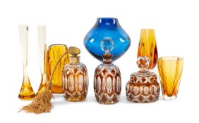 CZECHOSLOVAKIAN AMBER OVERLAY GLASS ATOMISER, with matching scent bottle and covered powder jar,