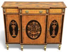 MAPLE & EBONY MARQUETRY BREAKFRONT SIDE CABINET with specimen wood parquetry top, 97 (h) x 119 (w) x