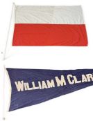 LARGE BLUE CLOTH PENNANT, 'William Clarke' in white letters, approx. 360cms (l); with a blue and red