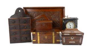 STAINED SOFTWOOD SPICE DRAWERS, 40 x 24cms; Regency rosewood and mother of pearl inlaid tea caddy;