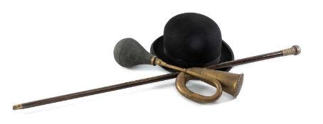GEORGE V SILVER-TOPPED WALKING CANE, London 1920, 92cms (l); together with a bowler hat, size 7⅛;