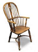 ASH AND ELM HIGH BACK WINDSOR ARMCHAIR, with crinoline stretcher, 100 (h) x 53 (w) x 37cms (d)