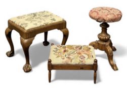 QUEEN ANNE STYLE WALNUT TAPESTRY TOP STOOL, 45 (h) x 53 (w) x 43cms (d), also a circular rise and
