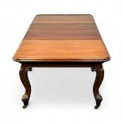 VICTORIAN MAHOGANY EXTENDING DINING TABLE, rectangular top with rounded corners and moulded rim,