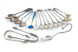 TWO DAVID ANDERSEN SILVER & ENAMELLED TEASPOONS, other enamelled 830 standard silver spoons,