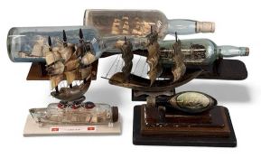 SHIPS IN BOTTLES, two in two-quart long john whisky bottles, torpedo shaped bottle painted with a