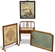 ASSORTED FURNISHINGS to include rail back music stool, mirror, fire screen, and a tapestry
