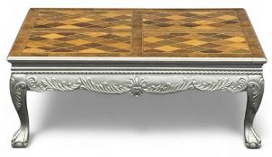 SPECIMEN WOOD PARQUETRY & SILVERED COFFEE TABLE, on claw and ball feet, 49 (h) x 122 (w) x 77cms (d)
