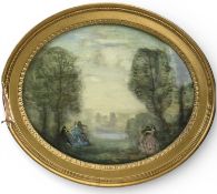 IN THE MANNER OF WATTEAU, French Oil on board, 'A Fête Champêtre', oval, unsigned, 32 x 39cms