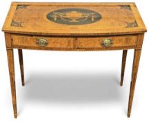 ATTRACTIVE BURR WALNUT, EBONY & MARQUETRY BOW FRONT SIDE TABLE, 76 (h) x 90 (w) x 46.5cms (d)