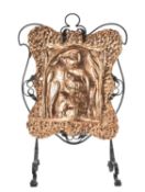ARTS & CRAFTS PERIOD HAND-WORKED COPPER & WROUGHT IRON FIRE SCREEN, centred with a heron at a pond