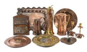 SECESSIONIST COPPER & BRASS WINE JUG by Gebrüder Bing, 30.5cms (h); together with a lidded copper