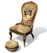 VICTORIAN MAHOGANY TAPESTRY UPHOLSTERED LADIES' SPOON BACK EASY CHAIR, 97 (h) x 52 (w) x 40cms (