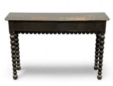 VICTORIAN OAK CONSOLE TABLE with two drawers, on bobbin supports, 92 (h) x 135 (w) x 36cms (d)
