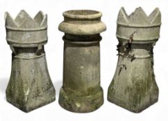 THREE STONEWARE CHIMNEY POTS, near pair of castellated, 77 and 81cms (h), and another, 79cms (h)