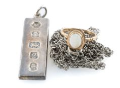 9CT GOLD OPAL DRESS RING, size L, 1.5g; Elizabeth II Silver Jubilee ingot pendant necklace, silver